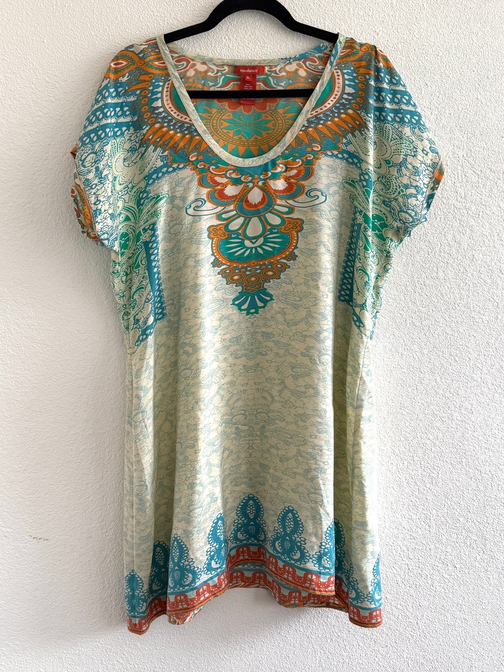 Sundance 100% Silk Cream Multicolor Teal & Orange Boho V-Neck Tunic
